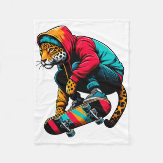 Cool Funky Jaguar Skateboarding Illustration Art  Fleece Blanket