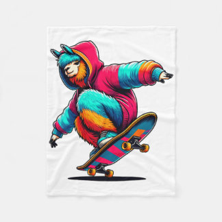 Cool Funky Llama Skateboarding Illustration Art  Fleece Blanket