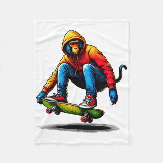 Cool Funky Macaque Skateboarding Illustration Art  Fleece Blanket