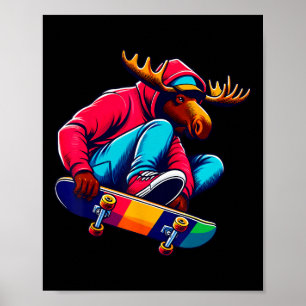Cool Funky Moose Skateboarding Illustration Art 1 Poster