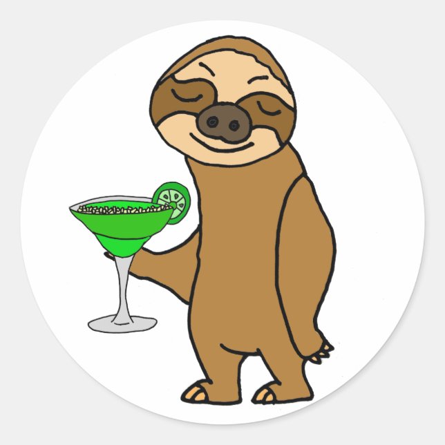 Cool Funky Sloth Drinking Margarita Cartoon Classic Round Sticker (Front)