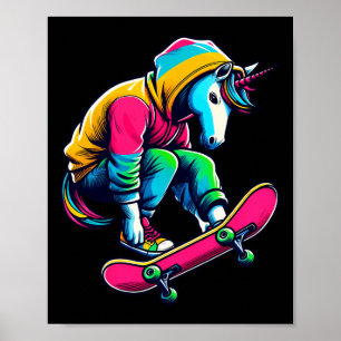 Cool Funky Unicorn Skateboarding Illustration Art Poster