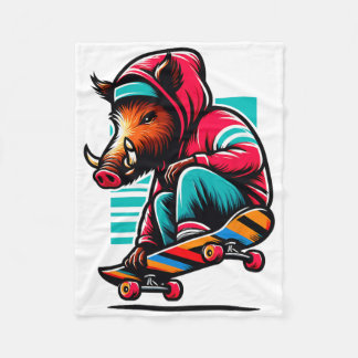 Cool Funky Wild Boar Skateboarding Illustration Ar Fleece Blanket