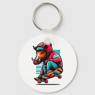 Cool Funky Wild Boar Skateboarding Illustration Ar Key Ring