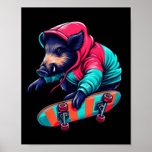 Cool Funky Wild Boar Skateboarding Illustration Ar Poster