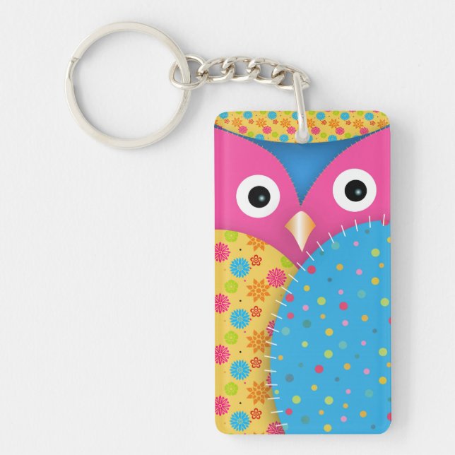 Cool funny cute trendy owl floral polka dots key ring (Front)