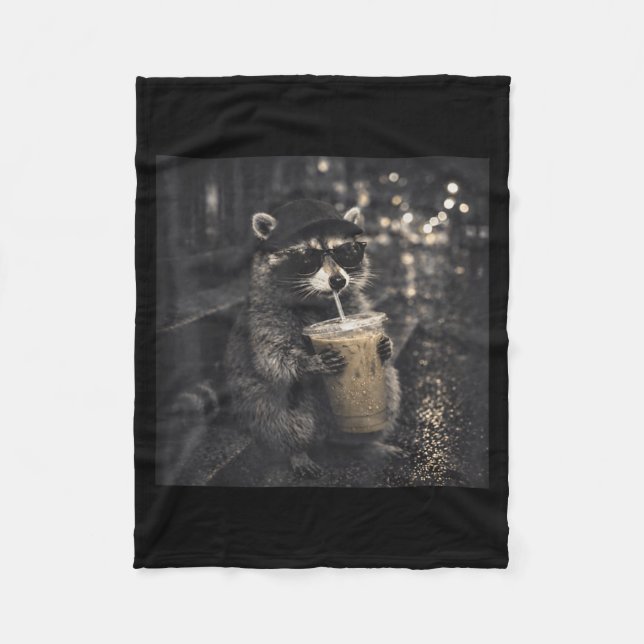 Cool funny drinking iced coffee sunglasses racoon fleece blanket (Front)