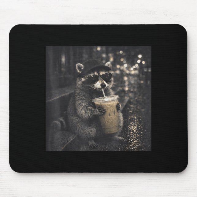 Cool Funny Drinking Iced Coffee Sunglasses Racoon Mouse Pad (Front)