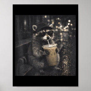 Cool funny drinking iced coffee sunglasses racoon poster