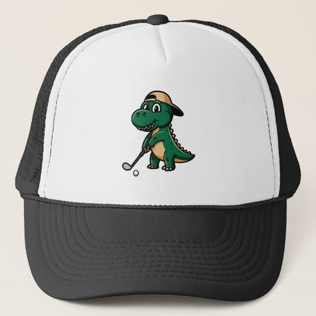 Cool Funny Green Dino Playing Golf T-Rex Lover  Trucker Hat (Front)