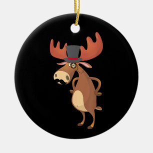 Cool Funny Moose Hat Moustache Animal Lover Ceramic Tree Decoration