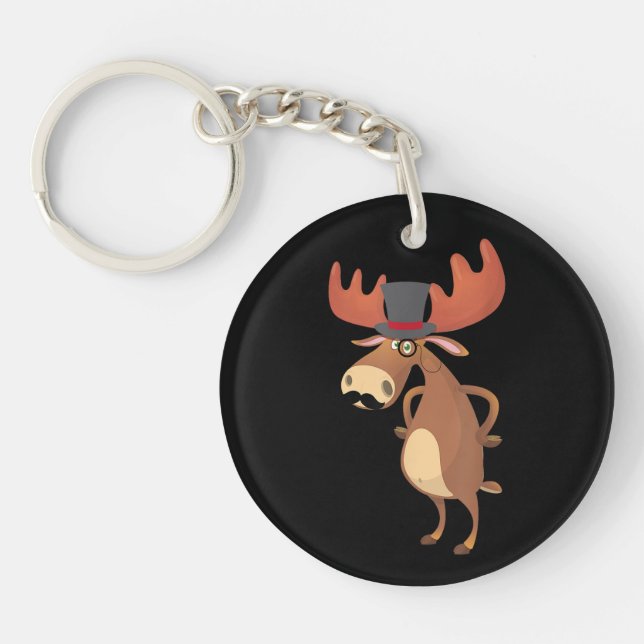 Cool Funny Moose Hat Moustache Animal Lover Key Ring (Front)