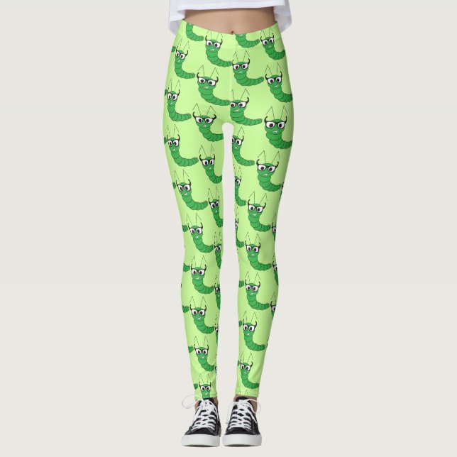 Cool funny nerdy caterpillar with glasses pattern leggings (Front)