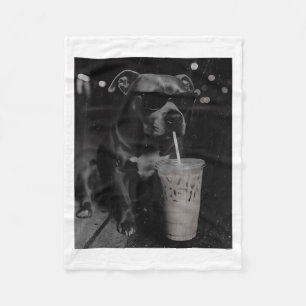 Cool Funny Pitbull Drinking Iced Coffee Lovers Fleece Blanket