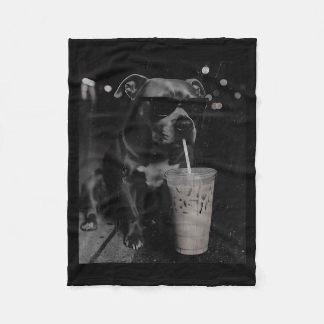 Cool funny pitbull drinking iced coffee lovers fleece blanket (Front)