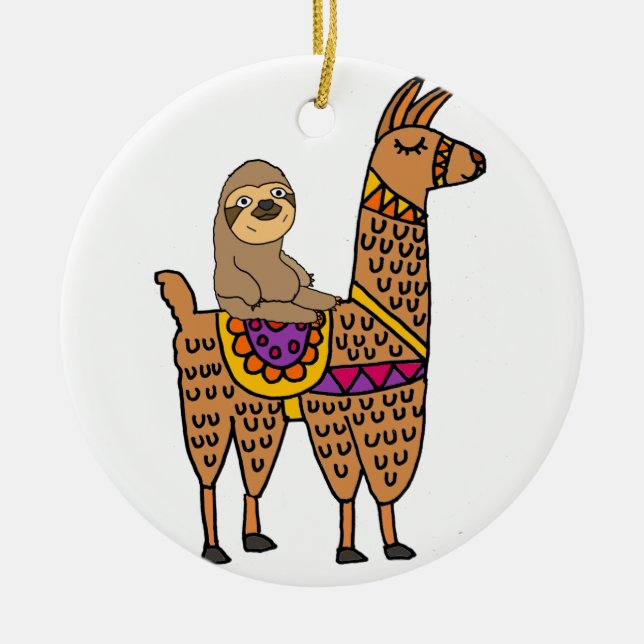 Cool Funny Sloth Riding Llama Ceramic Tree Decoration (Front)