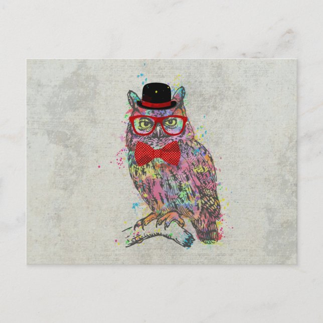 Cool funny trendy colourful watercolours owl postcard (Front)