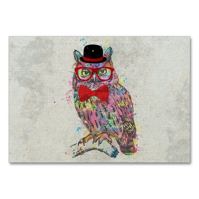 Cool funny trendy colourful watercolours owl table number (Front)