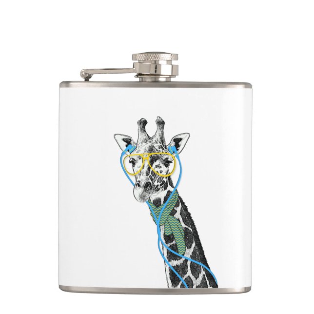 Cool funny trendy giraffe with glasses, earphones hip flask (Front)