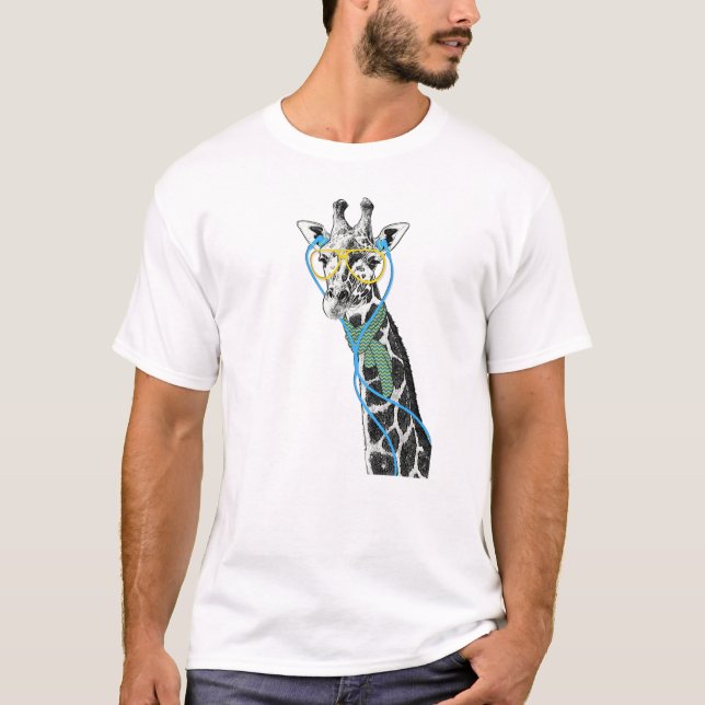 Cool funny trendy giraffe with glasses, earphones T-Shirt (Front)
