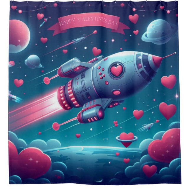 Cool/futuristic spaceship valentine's day shower curtain (Front)