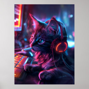 Cool Gamer Cat Smoking Funny Poster