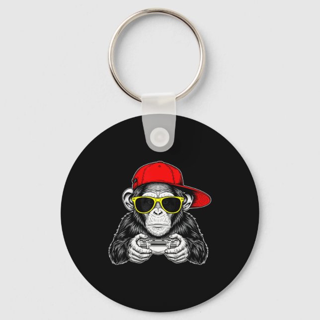 Cool Gamer Monkey With Controller Funny Gaming Vid Key Ring (Front)