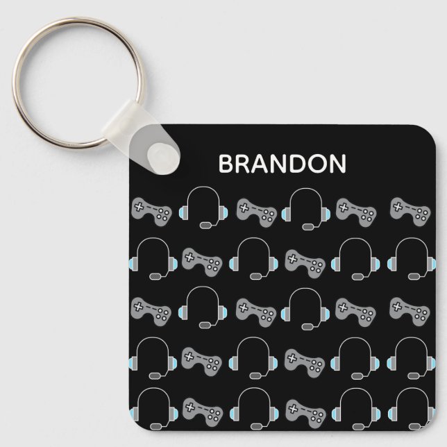 Cool Gamer Personalised Gaming Pattern Black Key Ring (Front)