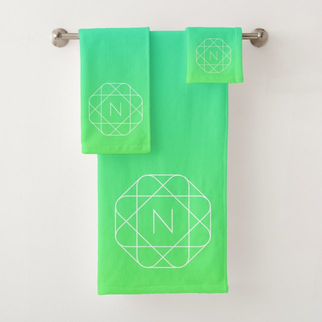 Cool Geometric Monogram | Blue & Lime Green Ombre Bath Towel Set (Insitu)