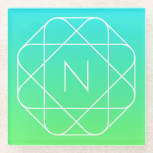 Cool Geometric Monogram Blue & Lime Green Ombre Glass Coaster