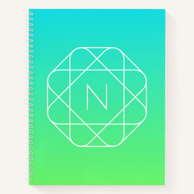 Cool Geometric Monogram | Blue & Lime Green Ombre Notebook (Front)