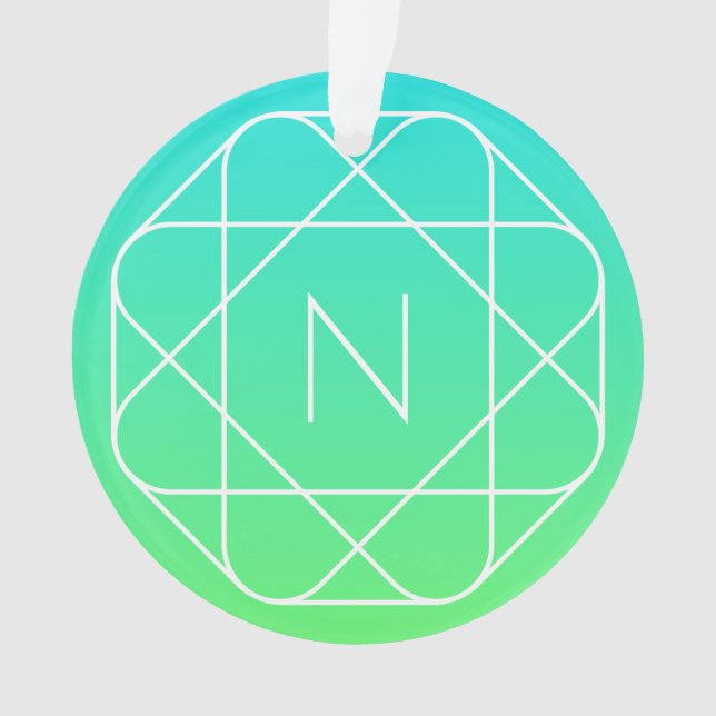 Cool Geometric Monogram | Blue & Lime Green Ombre Ornament (Front)