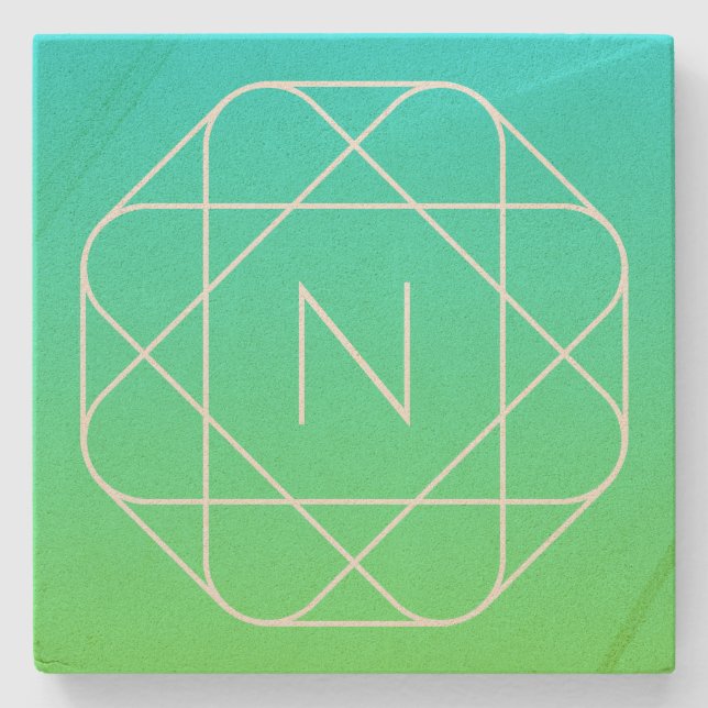 Cool Geometric Monogram | Blue & Lime Green Ombre Stone Coaster (Front)
