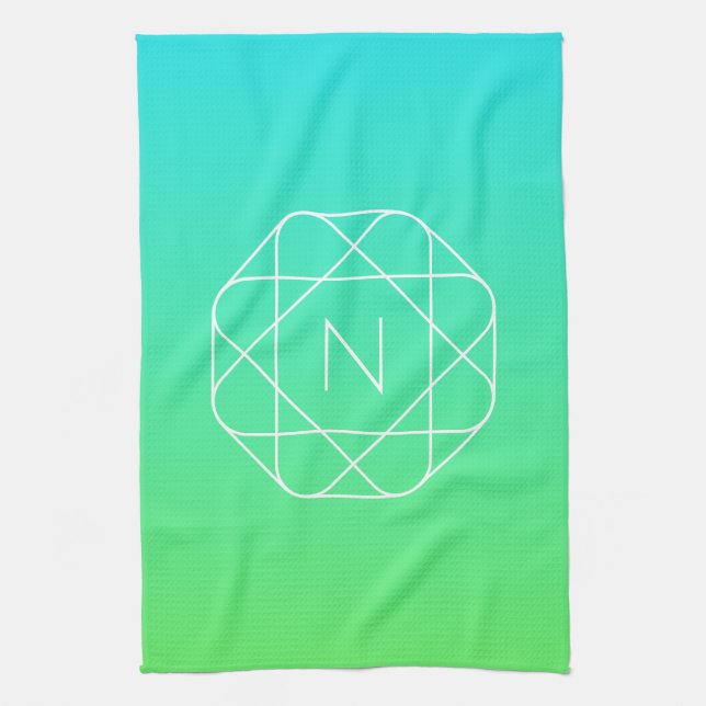 Cool Geometric Monogram | Blue & Lime Green Ombre Tea Towel (Vertical)