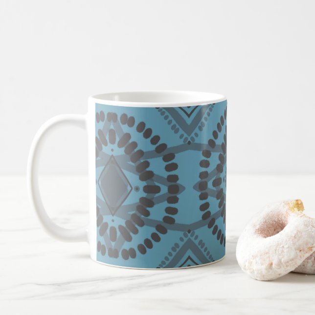 Cool Geometric Pattern Blue Grey Batik Tie-Dye Coffee Mug (With Donut)