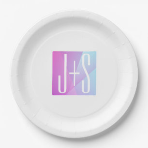 Cool Geometric Pink & Purple   Couples Initials Paper Plate