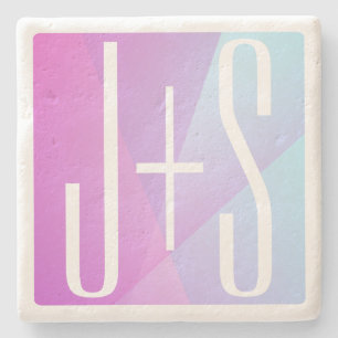 Cool Geometric Pink & Purple Couples Initials Stone Coaster