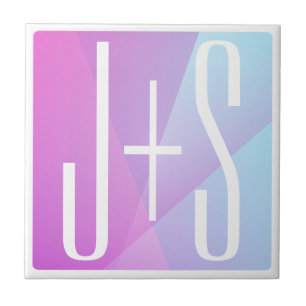 Cool Geometric Pink & Purple Couples Initials Tile