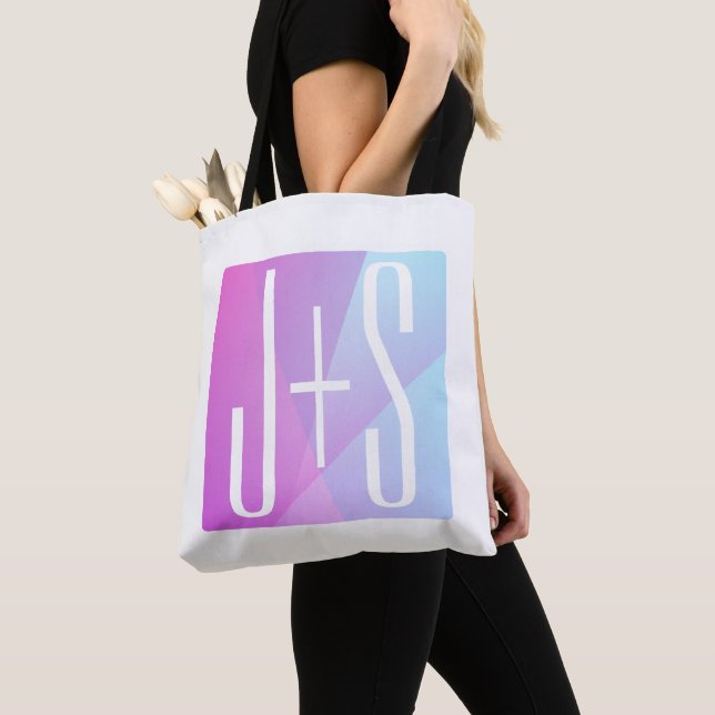 Cool Geometric Pink & Purple | Couples Initials Tote Bag (Close Up)