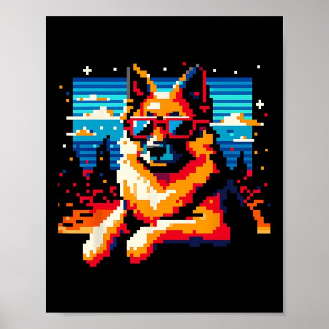 Cool German Shepherd Dog Pixel Art Style Christmas Poster (Front)