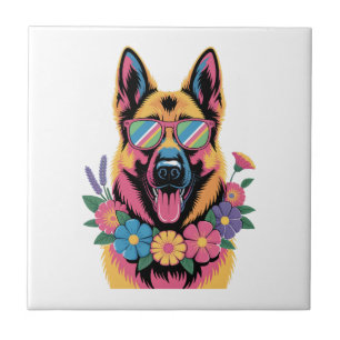 Cool German Shepherd in Neon Shades Tile