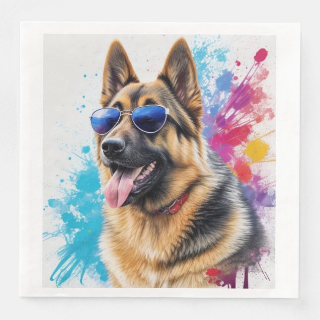 Cool German Shepherd Wearing Sunglasses Splash Art Napkin (Front)