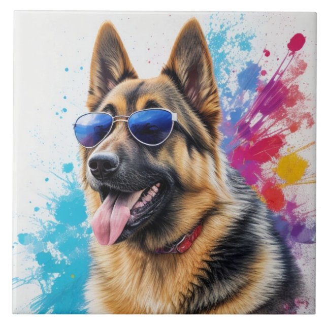 Cool German Shepherd Wearing Sunglasses Splash Art Tile (Front)