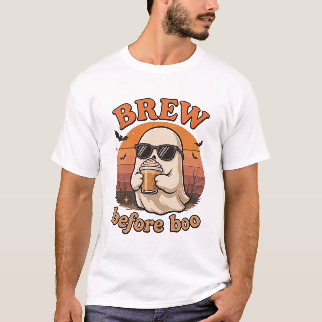 Cool Ghost with Coffee Halloween T-Shirt  (Front)