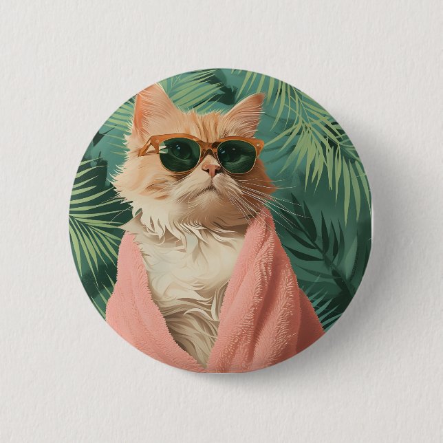 Cool Ginger Cat Vacation Vibes button pin (Front)