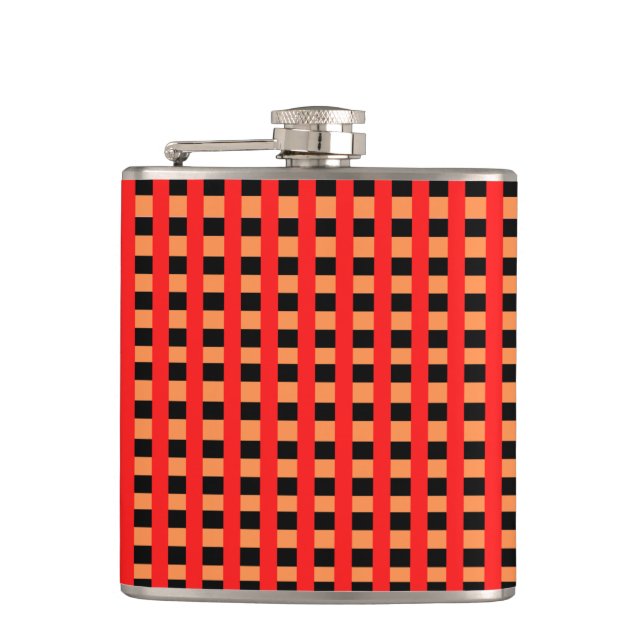 Cool Gingham Orange, Red and Black Pattern Design Hip Flask (Front)