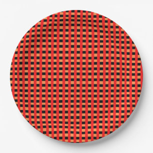 Cool Gingham Orange, Red and Black Pattern Design Paper Plate