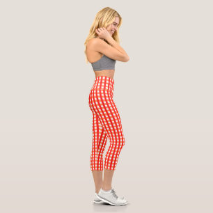 Cool Gingham Orange, Red and White Pattern Design Capri Leggings