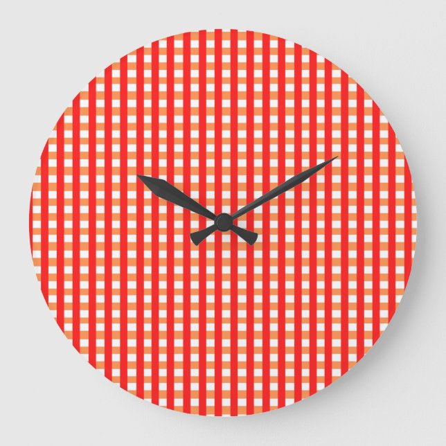 Cool Gingham Orange, Red and White Pattern Design Large Clock (Front)