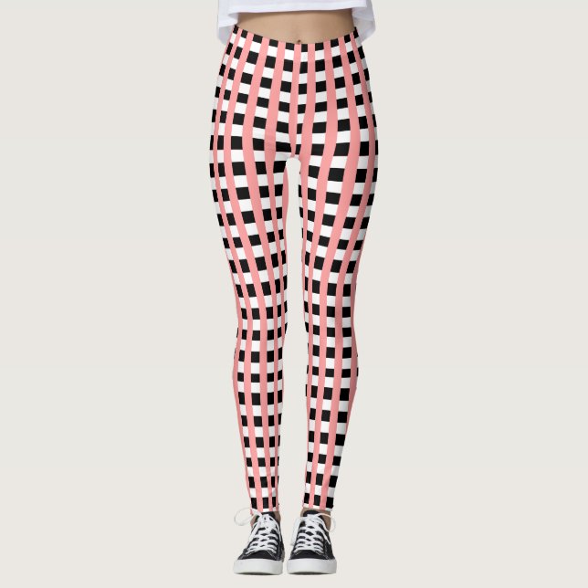 Cool Gingham Pink Black and White Pattern Design Leggings (Front)